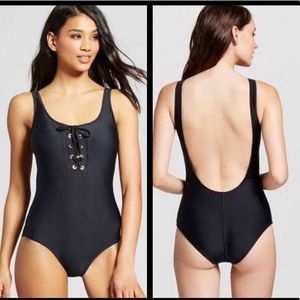 Mossimo Black Plunge Back Lace Up Swimsuit Sexy One Piece Sz Small Strappy